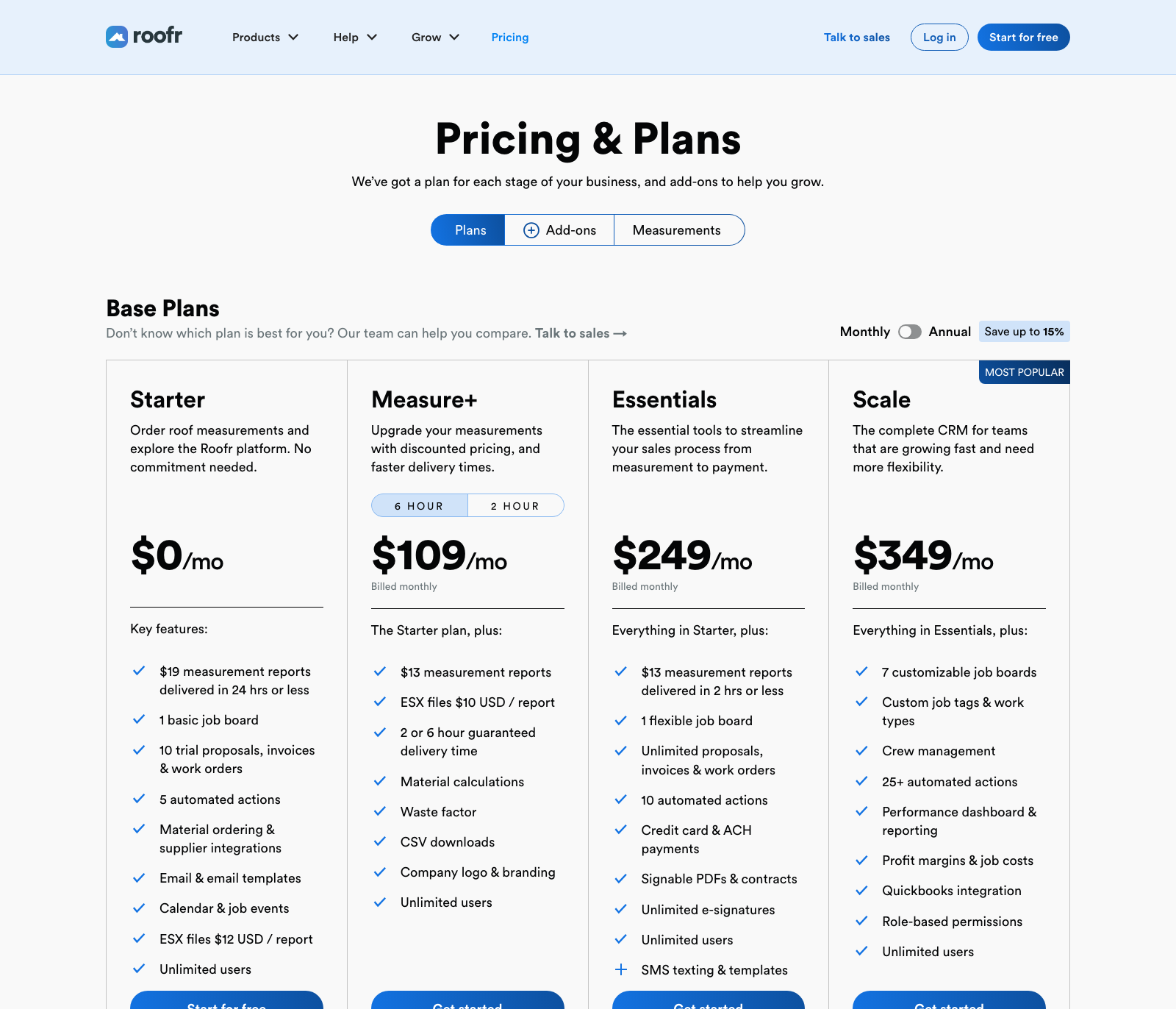 Roofr pricing page showing Starter free, Measure+ 109, Essentials 249, and Scale 349 dollars per month with unlimited users on every plan
