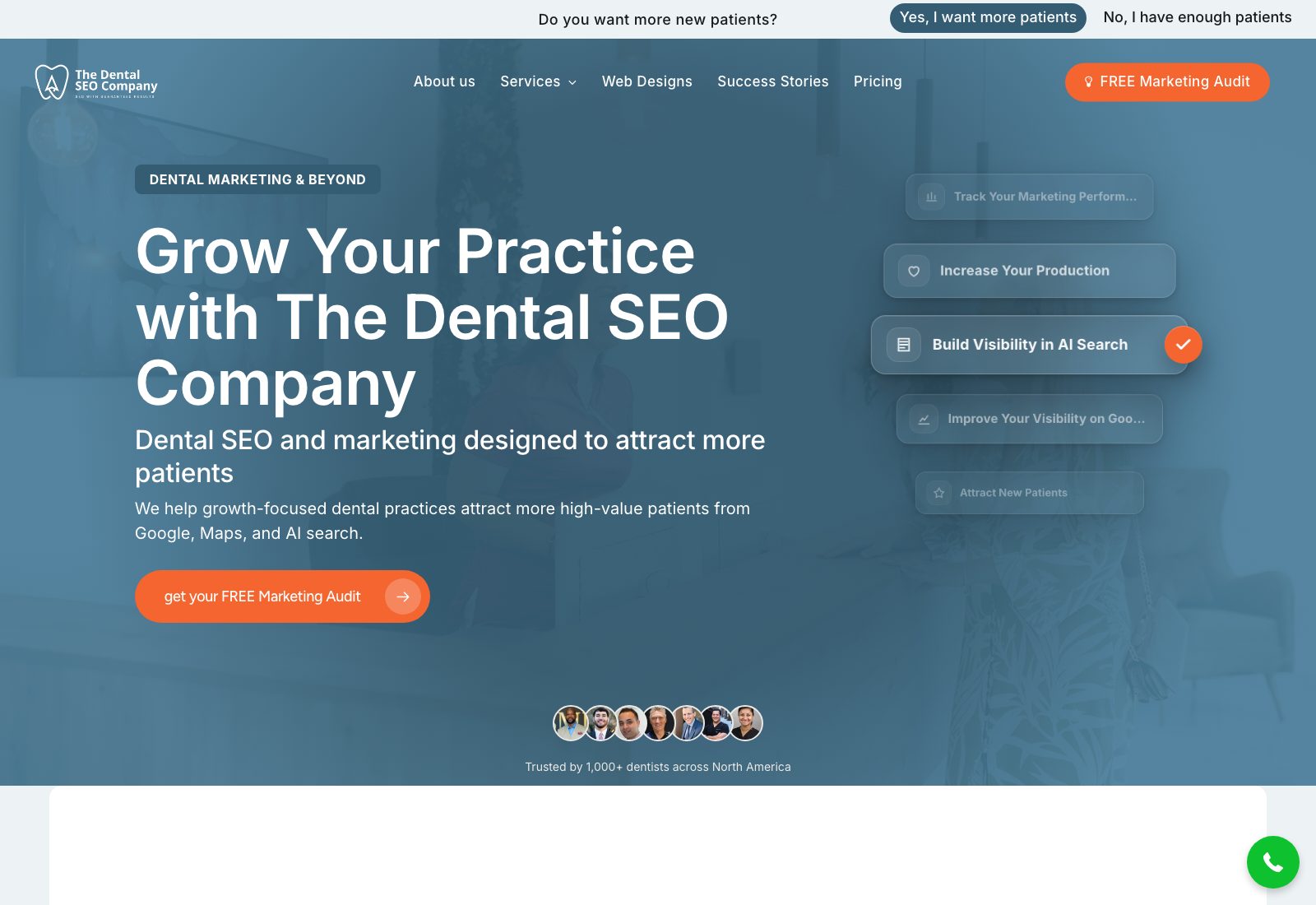 The Dental SEO Company homepage offering a free marketing audit and claiming 1,000-plus dental practices served