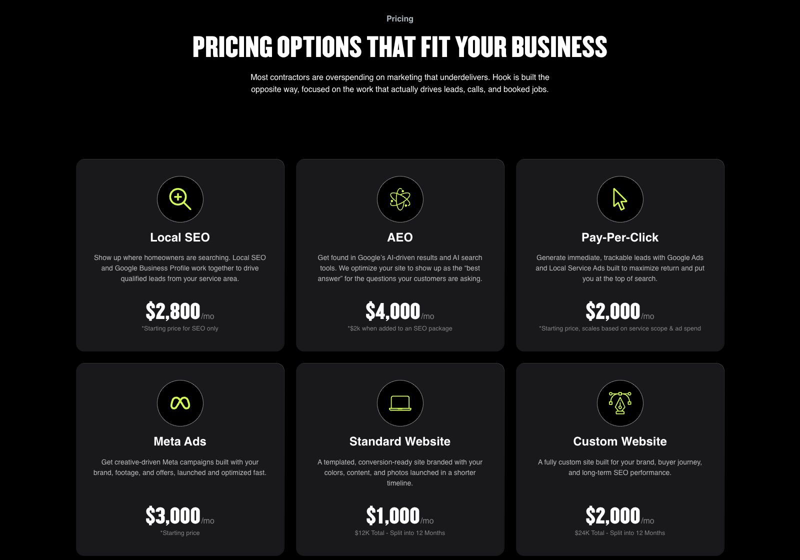 Hook Agency pricing page listing SEO, website design and paid ad management packages with published starting prices