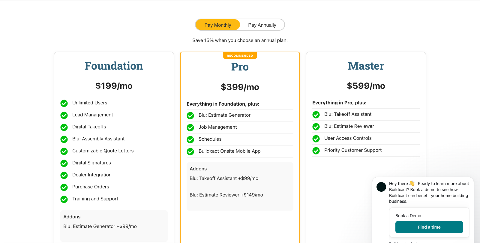 Buildxact pricing showing Foundation at 199, Pro at 399 and Master at 599 dollars per month, all with unlimited users and digital takeoffs on every tier