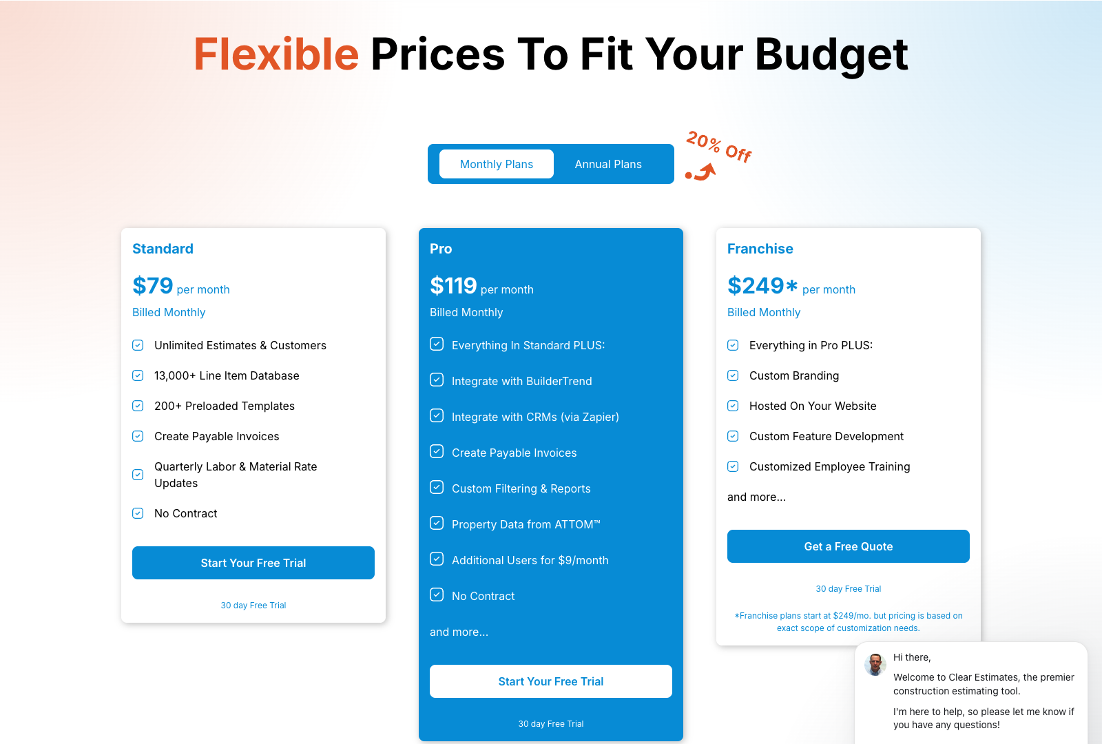 Clear Estimates pricing page showing Standard at 79 dollars, Pro at 119 and Franchise from 249 per month, each with a 30-day free trial