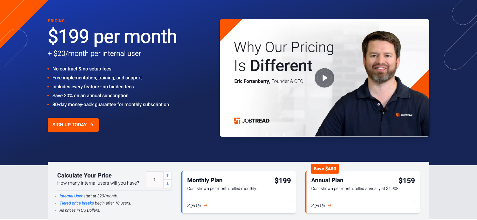 JobTread pricing page showing 199 dollars per month plus 20 dollars per internal user, no contract, 30-day money-back guarantee, and 159 per month on annual billing