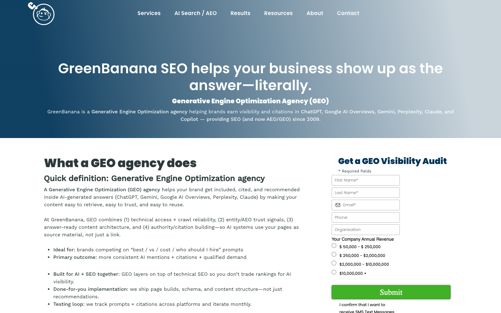 GreenBanana SEO generative engine optimization agency page describing what a GEO agency does, the first 30 days, and a GEO visibility audit form with company revenue brackets from 50,000 dollars to 10 million plus