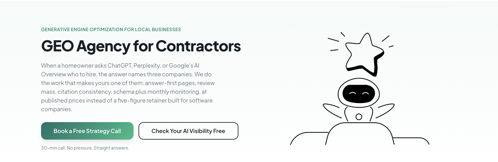 Skill Mammoth's generative engine optimization agency page for contractors with a book a free strategy call button and a check your AI visibility free button