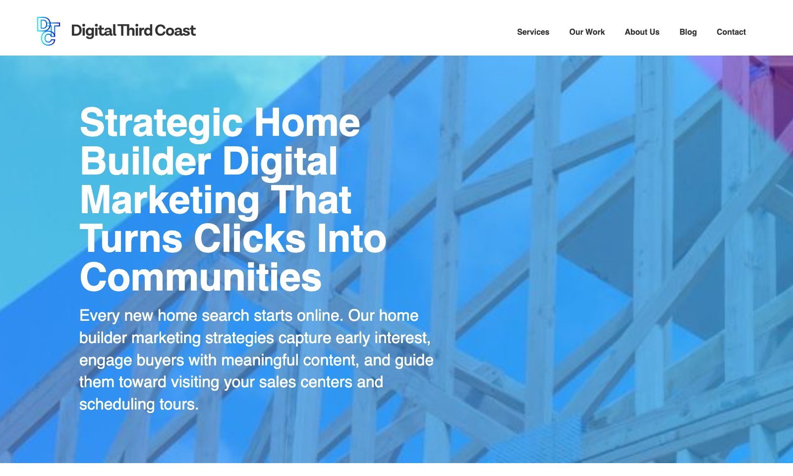 Digital Third Coast home builder marketing page with the headline strategic home builder digital marketing that turns clicks into communities, and claims of 2x more qualified leads and over 50 percent of buyers finding their home online