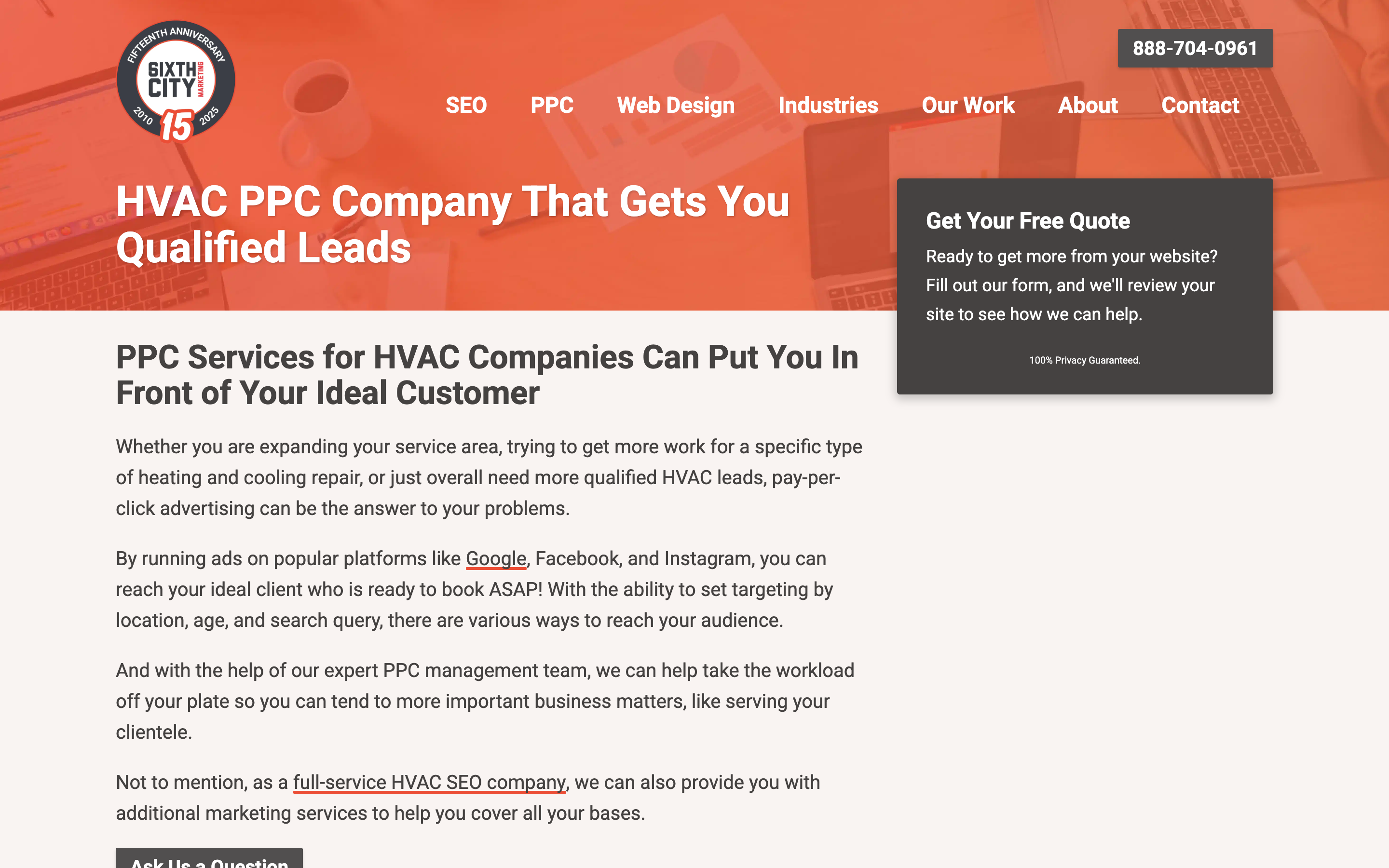 Sixth City Marketing's HVAC PPC page promising qualified leads, with ads across Google, Facebook, and Instagram