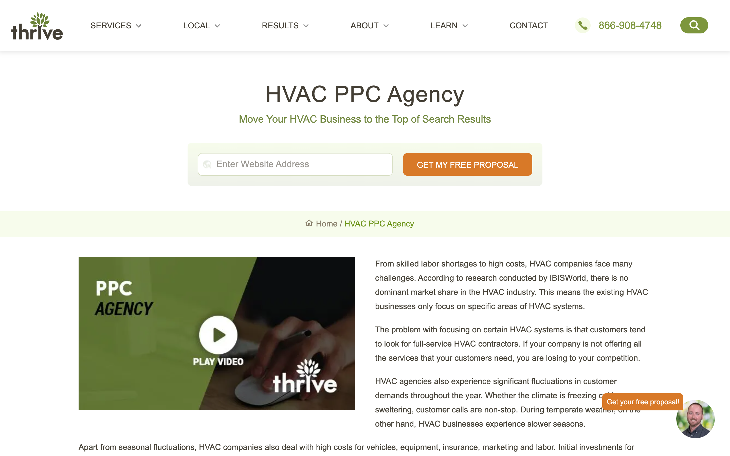 Thrive Internet Marketing Agency's HVAC PPC agency page with a free proposal form