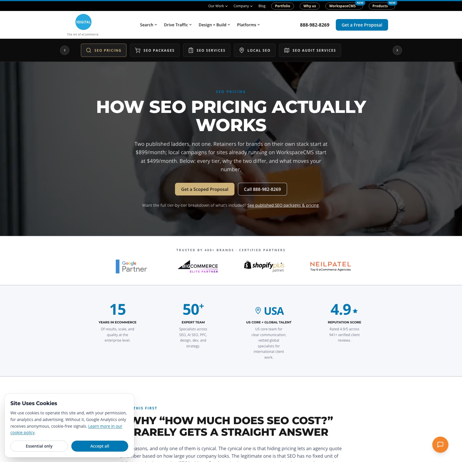 1Digital Agency SEO pricing page showing local retainers from 899 to 4,499 dollars a month and WorkspaceCMS local campaigns from 499