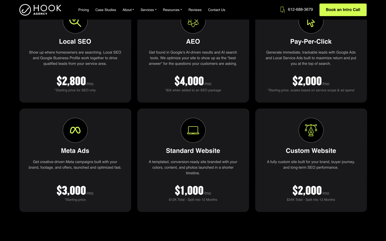 Hook Agency pricing page showing Local SEO starting at $2,800 per month, AEO at $4,000 per month, and pay-per-click from $2,000 per month