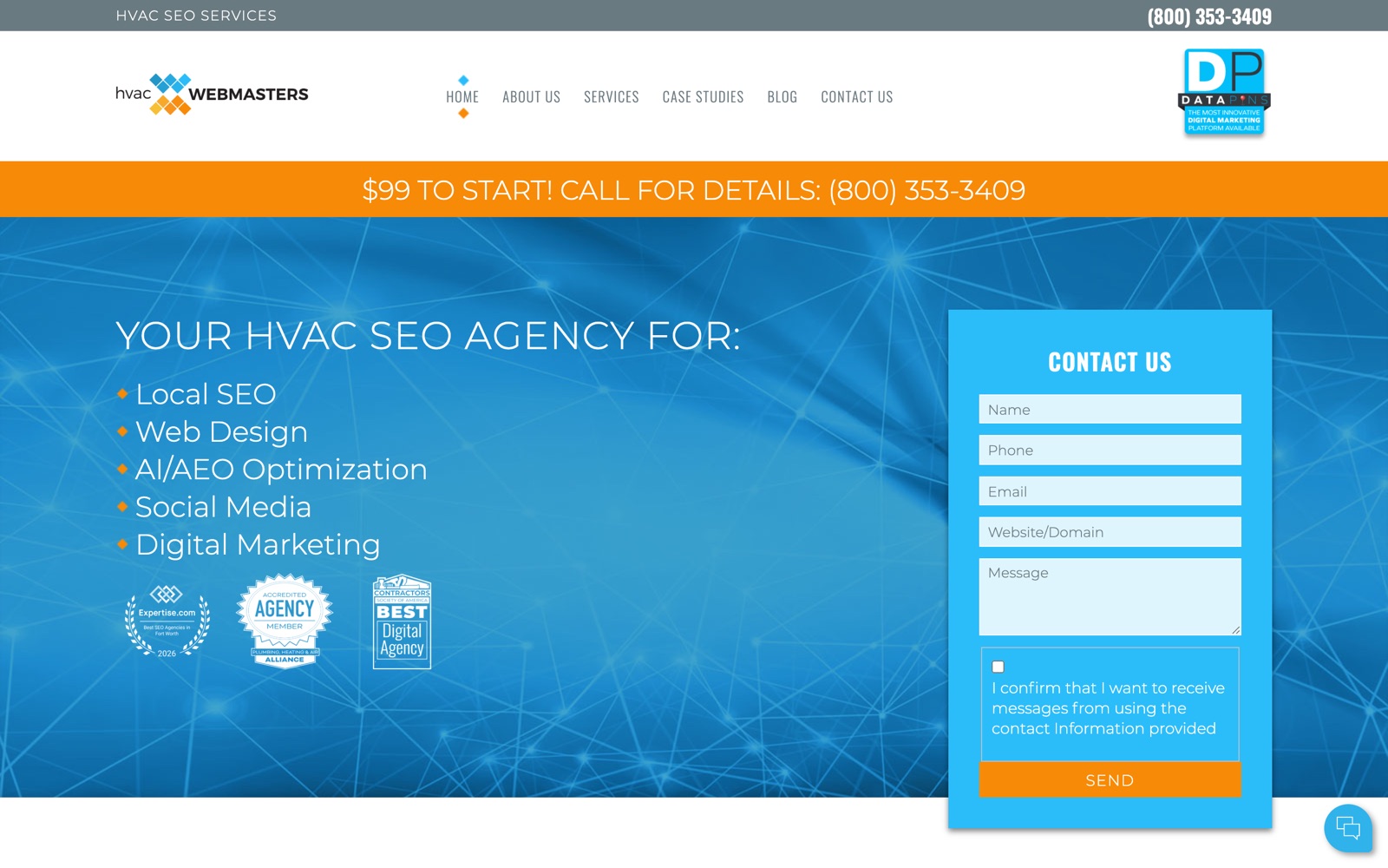 HVAC Webmasters homepage advertising local SEO, web design, AI/AEO optimization and a $99 to start offer