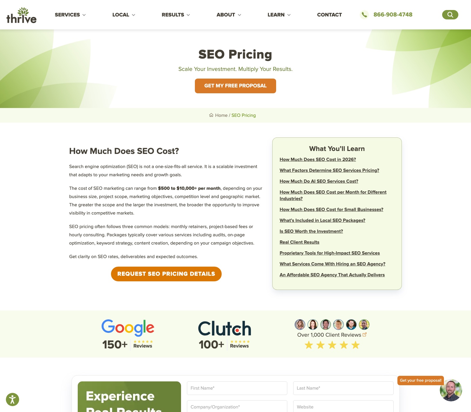 Thrive Internet Marketing SEO pricing page stating SEO starts at 500 dollars a month for small businesses and local SEO runs 500 to 1,500
