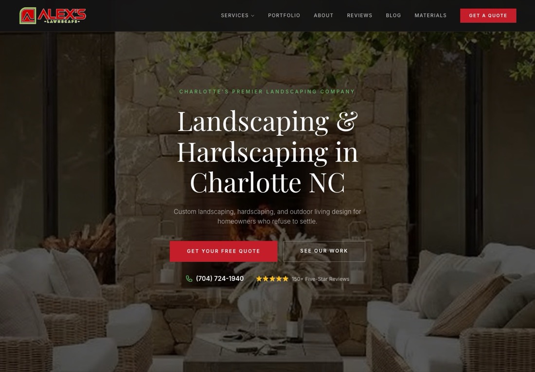 Alex's Lawnscape homepage with a serif headline, two buttons, a phone number and a 150-plus five-star review count