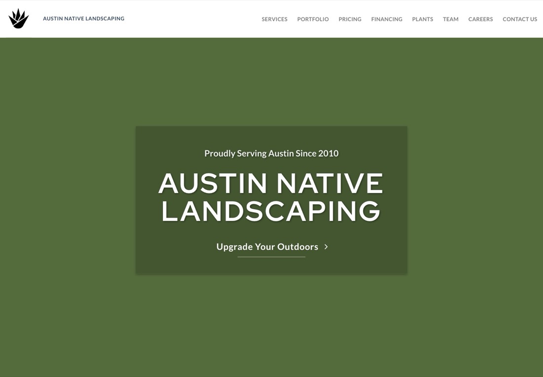 Austin Native Landscaping homepage, a plain green block with the company name and an Upgrade Your Outdoors link