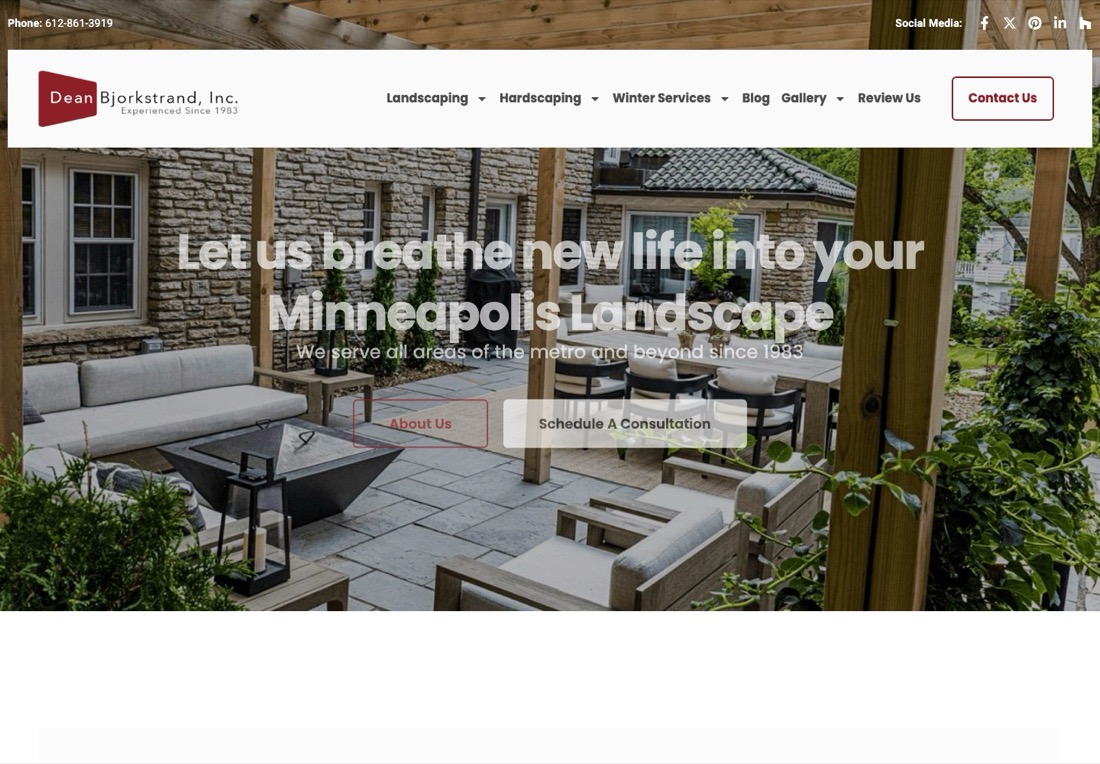 Dean Bjorkstrand homepage with a white headline laid over a busy patio photograph and two buttons