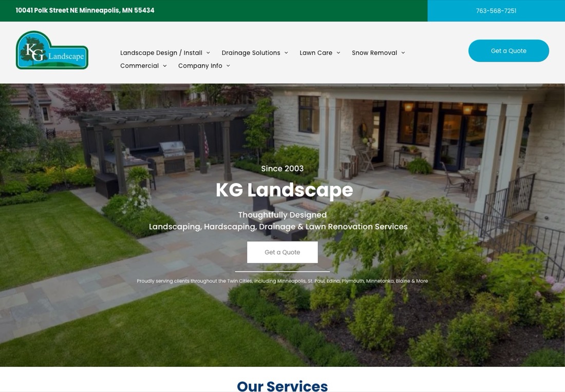 KG Landscape homepage with a centered headline, Since 2003, a Get a Quote button and a list of Twin Cities suburbs served