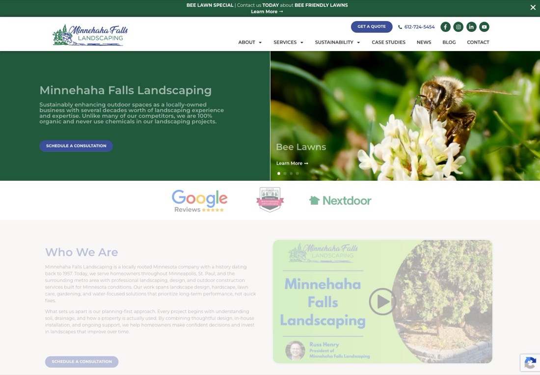 Minnehaha Falls Landscaping homepage with a green text panel, a bee lawn slide, and a row of Google Reviews and Nextdoor badges