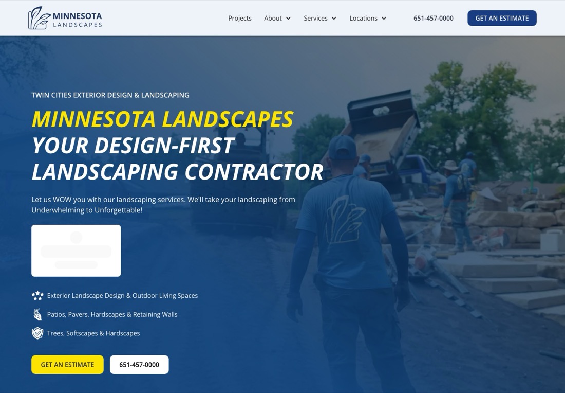 Minnesota Landscapes homepage with a yellow and white headline, three service bullets and an estimate button beside a phone number