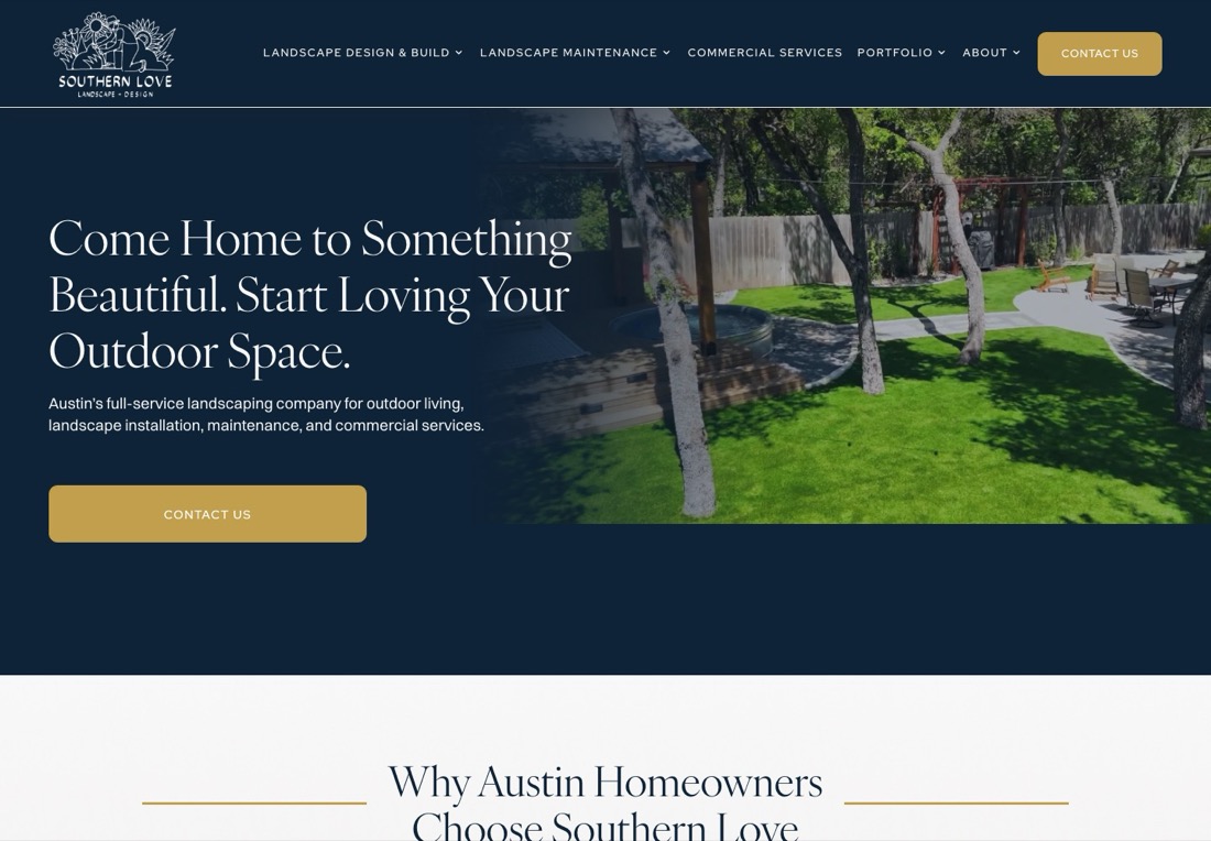 Southern Love Landscaping homepage with a navy panel, a serif headline about loving your outdoor space and a gold Contact Us button