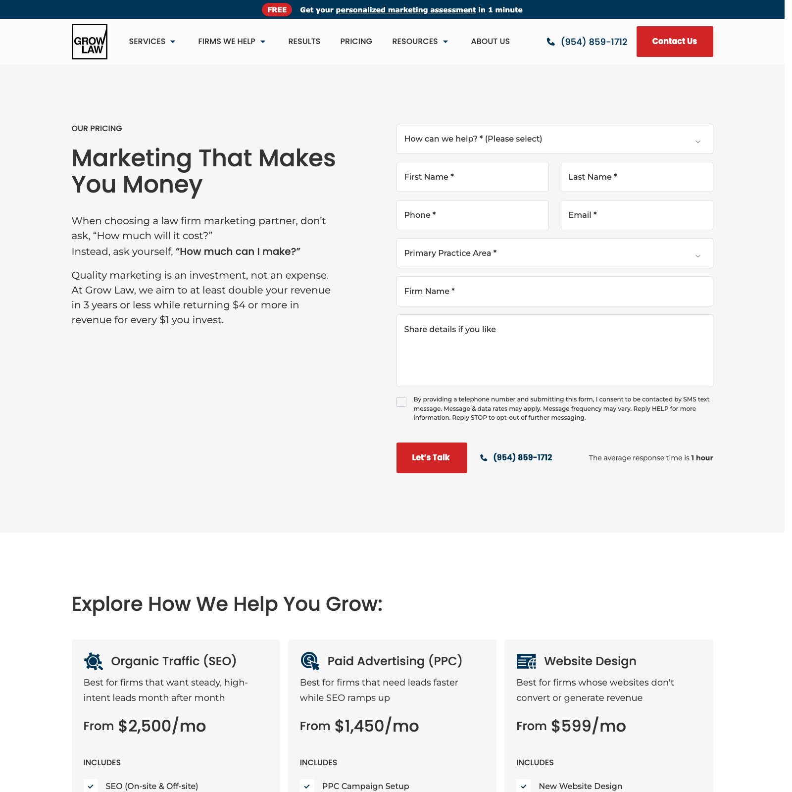 Grow Law Firm pricing page listing SEO from $2,500 a month, PPC from $1,450 and website design from $599 a month