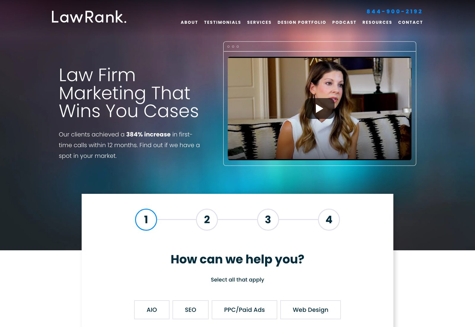 LawRank homepage, a law firm SEO agency with San Diego and New York offices and a 4.8 Google rating on 104 reviews
