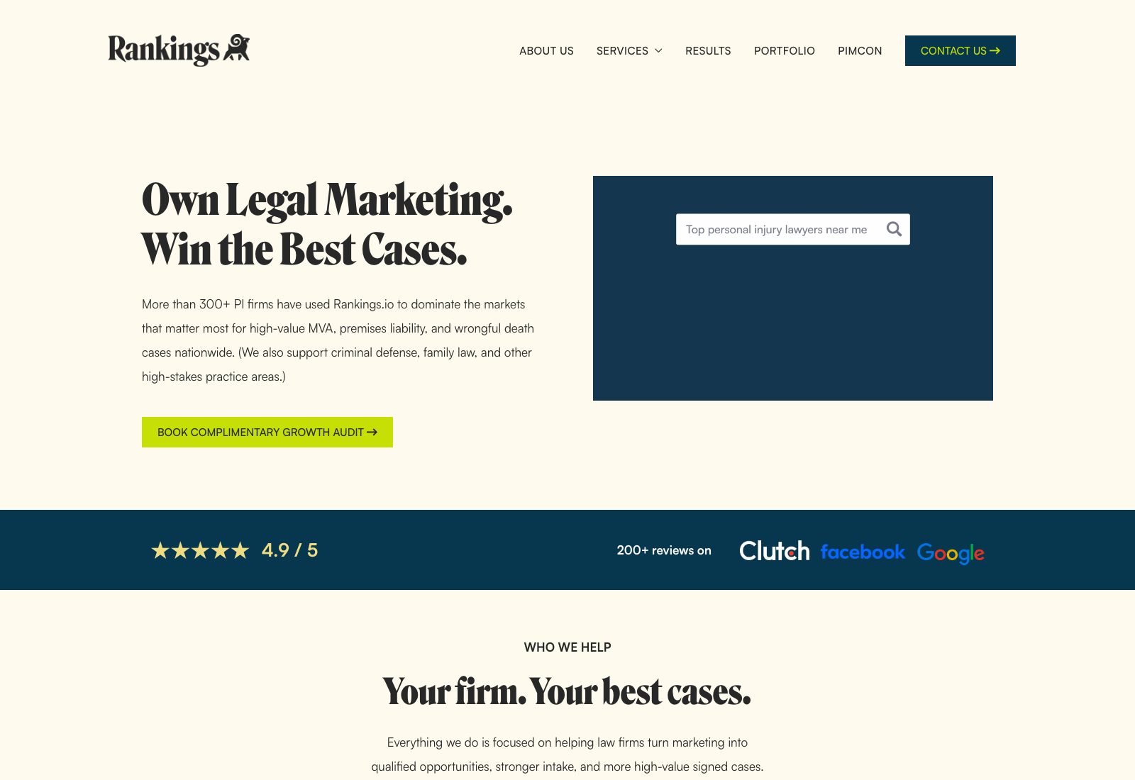 Rankings.io homepage, a legal-only SEO agency founded by Chris Dreyer, showing a 4.9 rating from 200 reviews