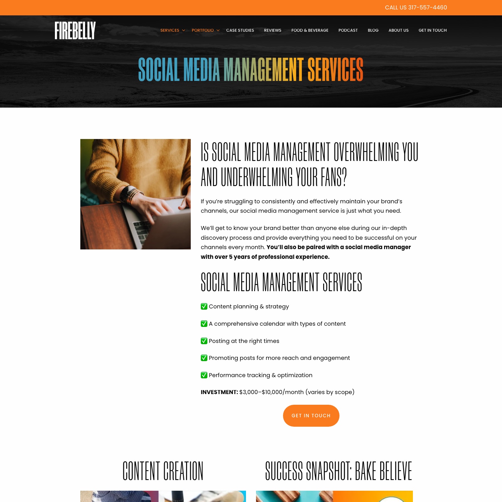 Firebelly Marketing social media management services page showing a 3,000 to 10,000 dollar monthly investment range