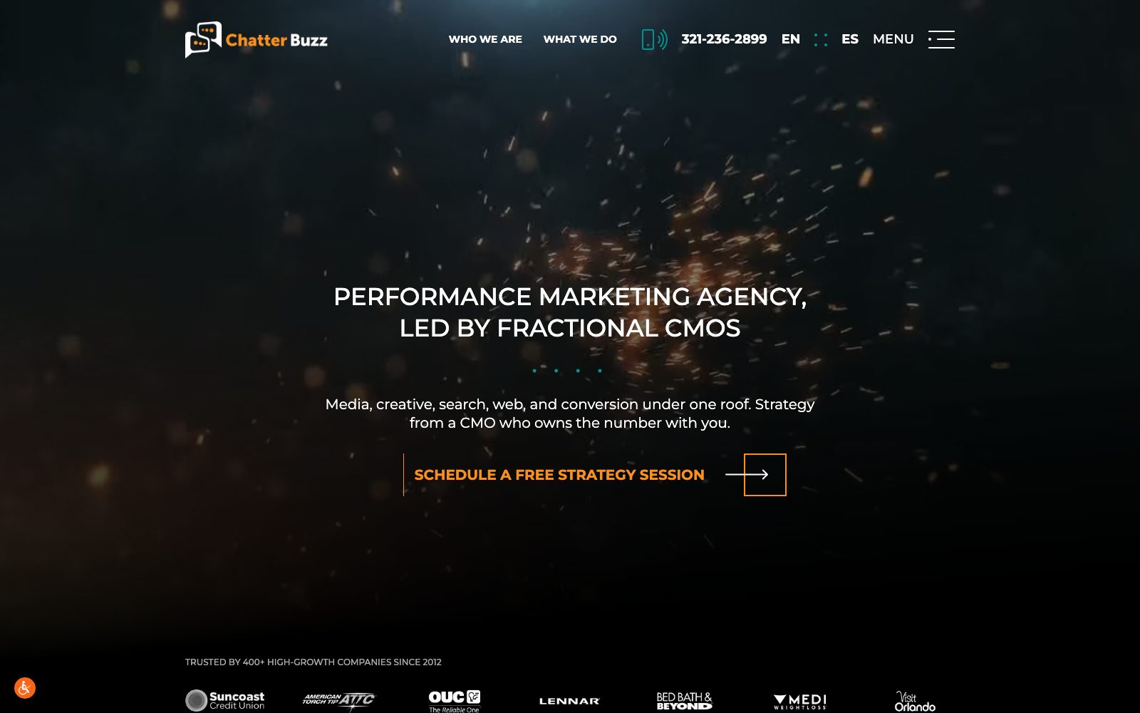 Chatter Buzz homepage, Orlando performance marketing agency led by fractional CMOs with 200 plus client reviews