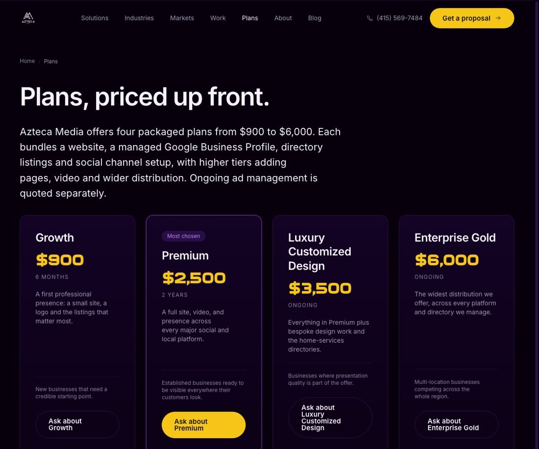Azteca Media plans page showing Growth $900, Premium $2,500, Luxury $3,500 and Enterprise Gold $6,000
