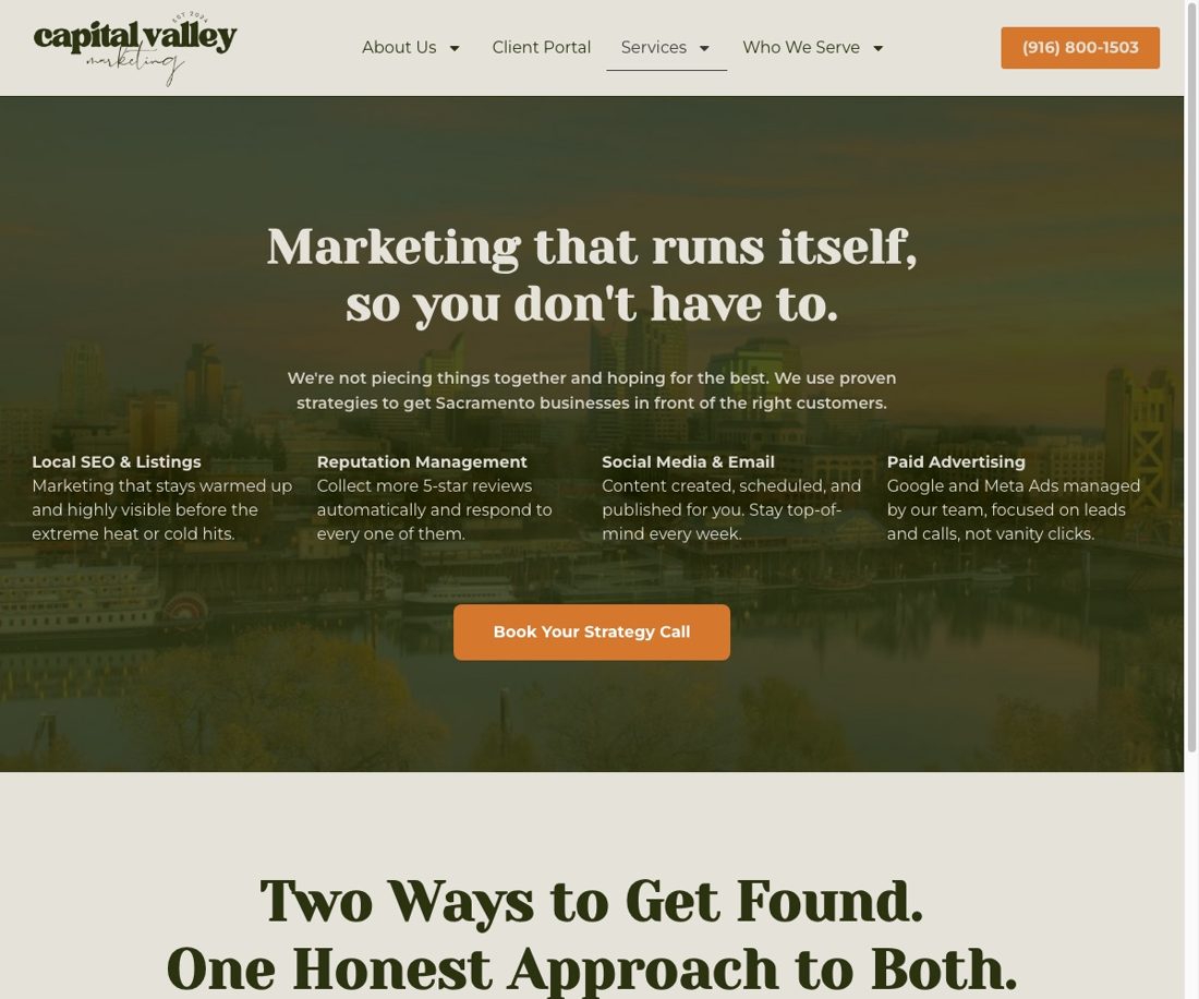 Capital Valley Marketing services page showing a $497 toolkit and managed packages from $797 a month