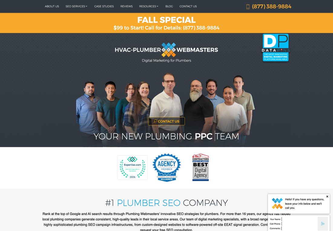 Plumbing Webmasters homepage, captured September 2026