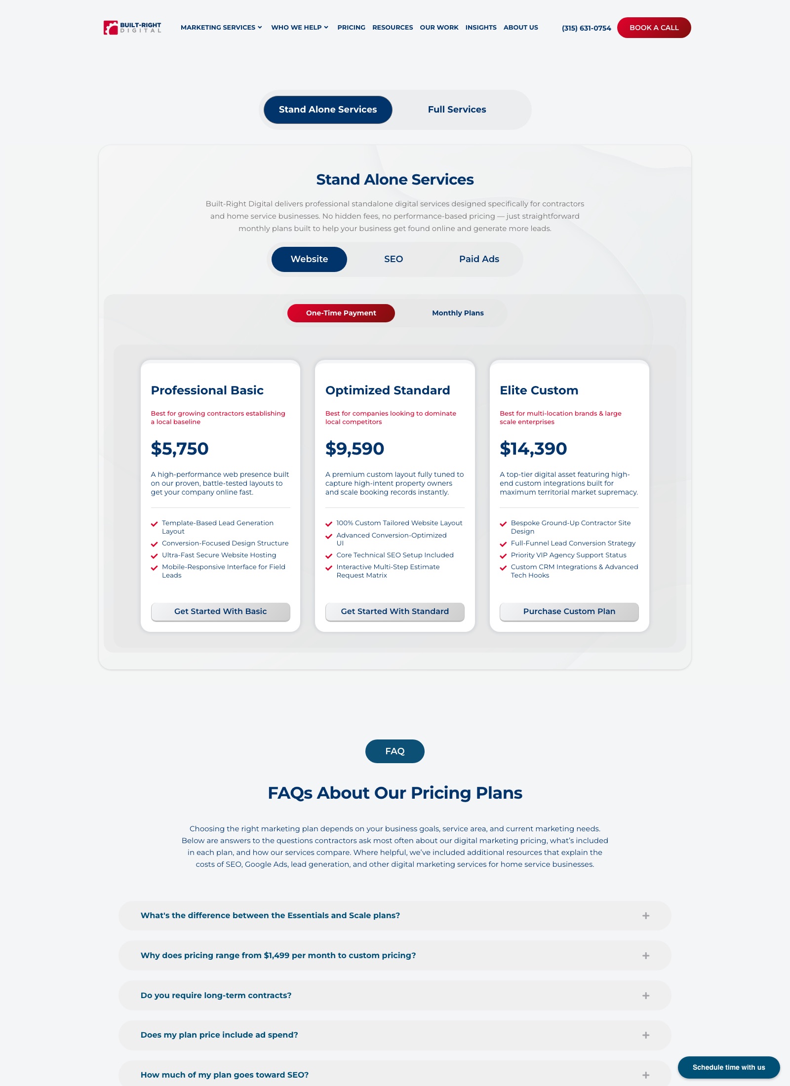Built-Right Digital pricing page showing Essentials at 1,499 dollars, Launch at 2,499 and Scale at 4,999 a month, tiered by client revenue