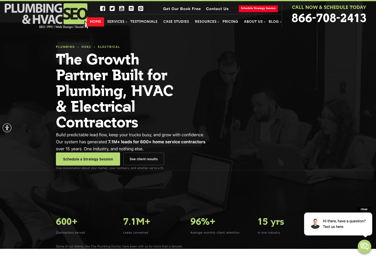 Plumbing and HVAC SEO homepage calling itself the growth partner built for plumbing, HVAC and electrical contractors, citing 7.1M+ leads for 600+ contractors over 15 years