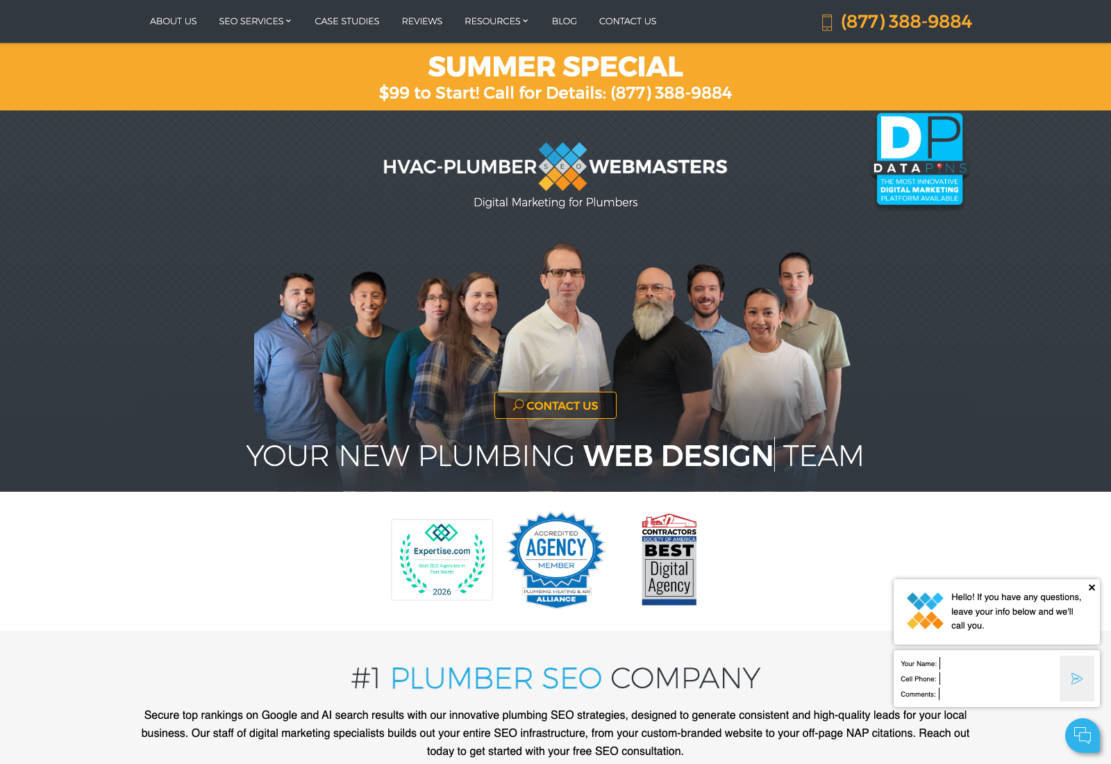 Plumbing Webmasters homepage with a $99 to start summer special banner, DataPins platform badge, and the headline number one plumber SEO company