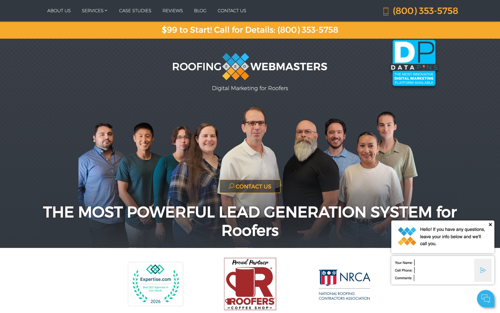Roofing Webmasters homepage with team photo, $99 to start banner, and the headline The Most Powerful Lead Generation System for Roofers