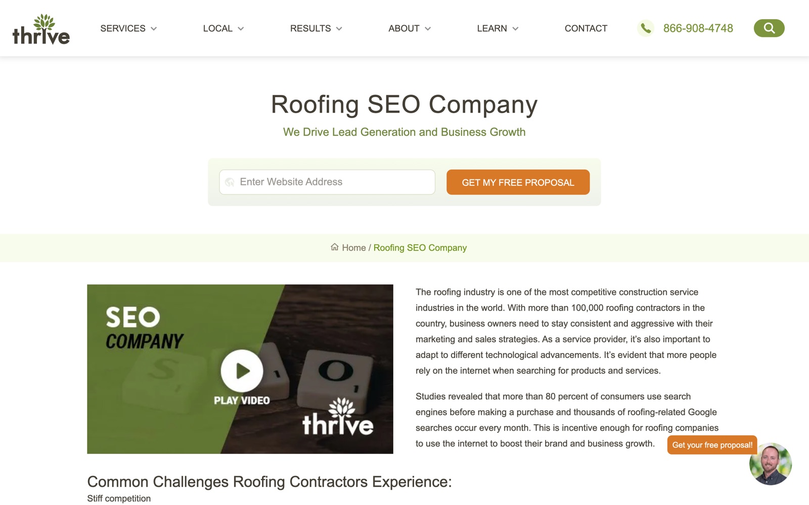 Thrive's Roofing SEO Company page with the headline We Drive Lead Generation and Business Growth and a free proposal form