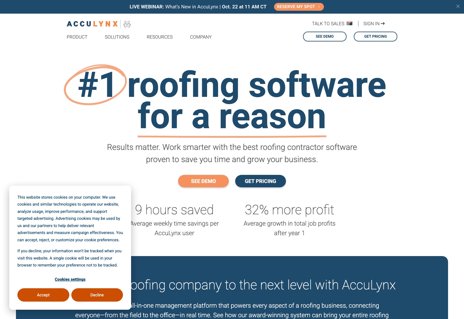 AccuLynx homepage positioning the platform as roofing business management software for restoration contractors