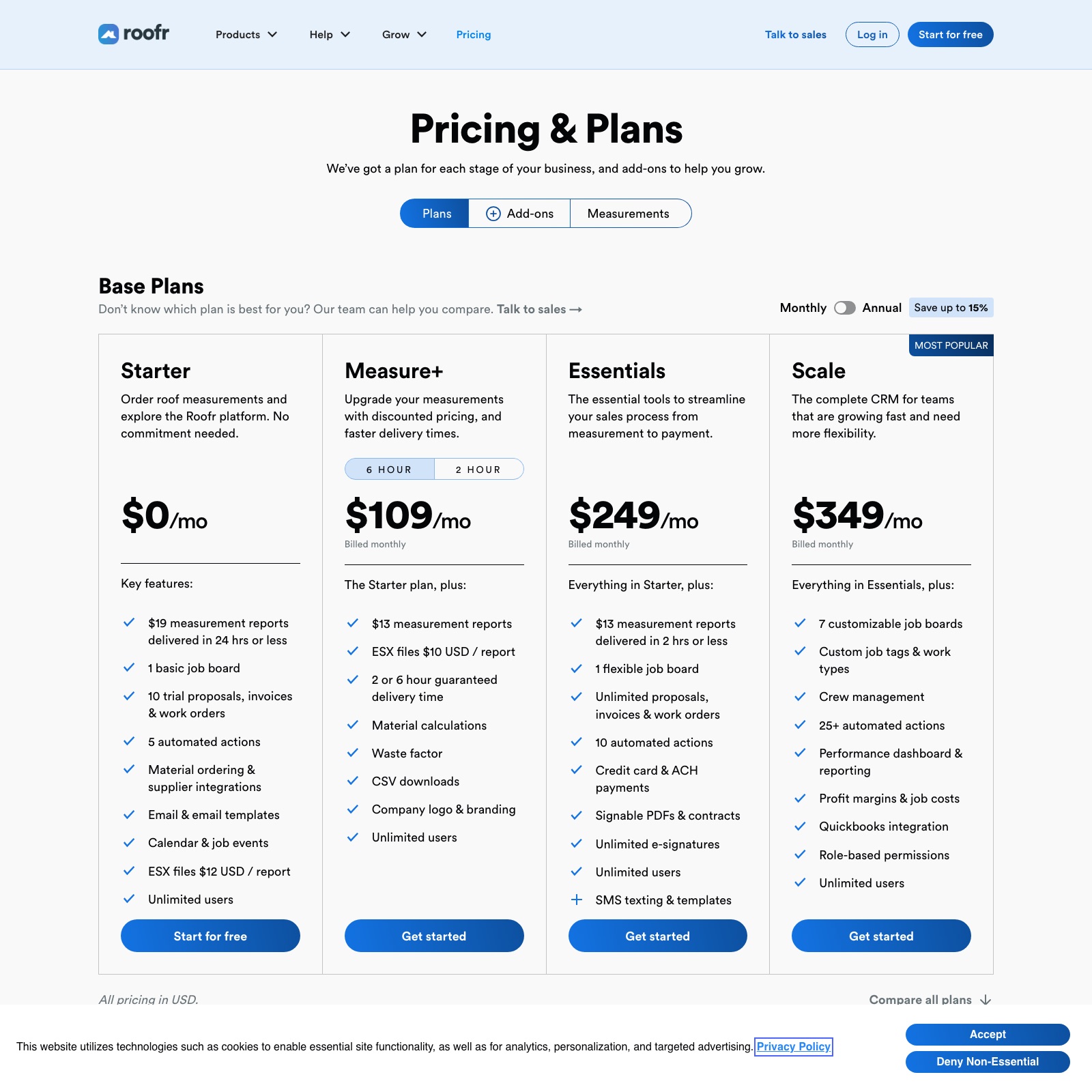Roofr pricing page showing Starter free, Measure Plus at 109 dollars, Essentials at 249 and Scale at 349 a month with unlimited users