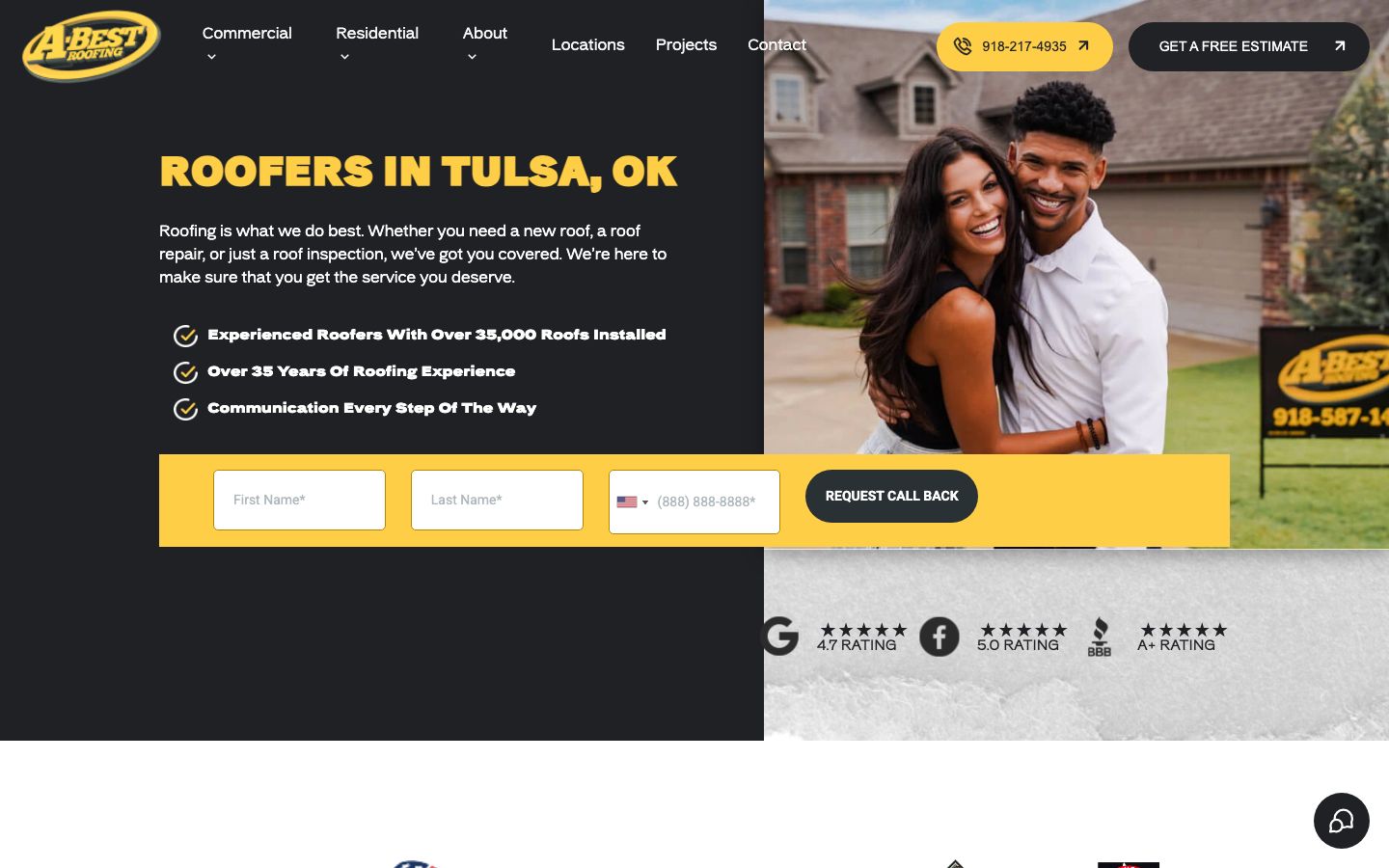 A-Best Roofing homepage with the headline Roofers in Tulsa, OK, 35,000 roofs installed, 35 years of experience, a three-field callback form and Google, Facebook and BBB rating badges