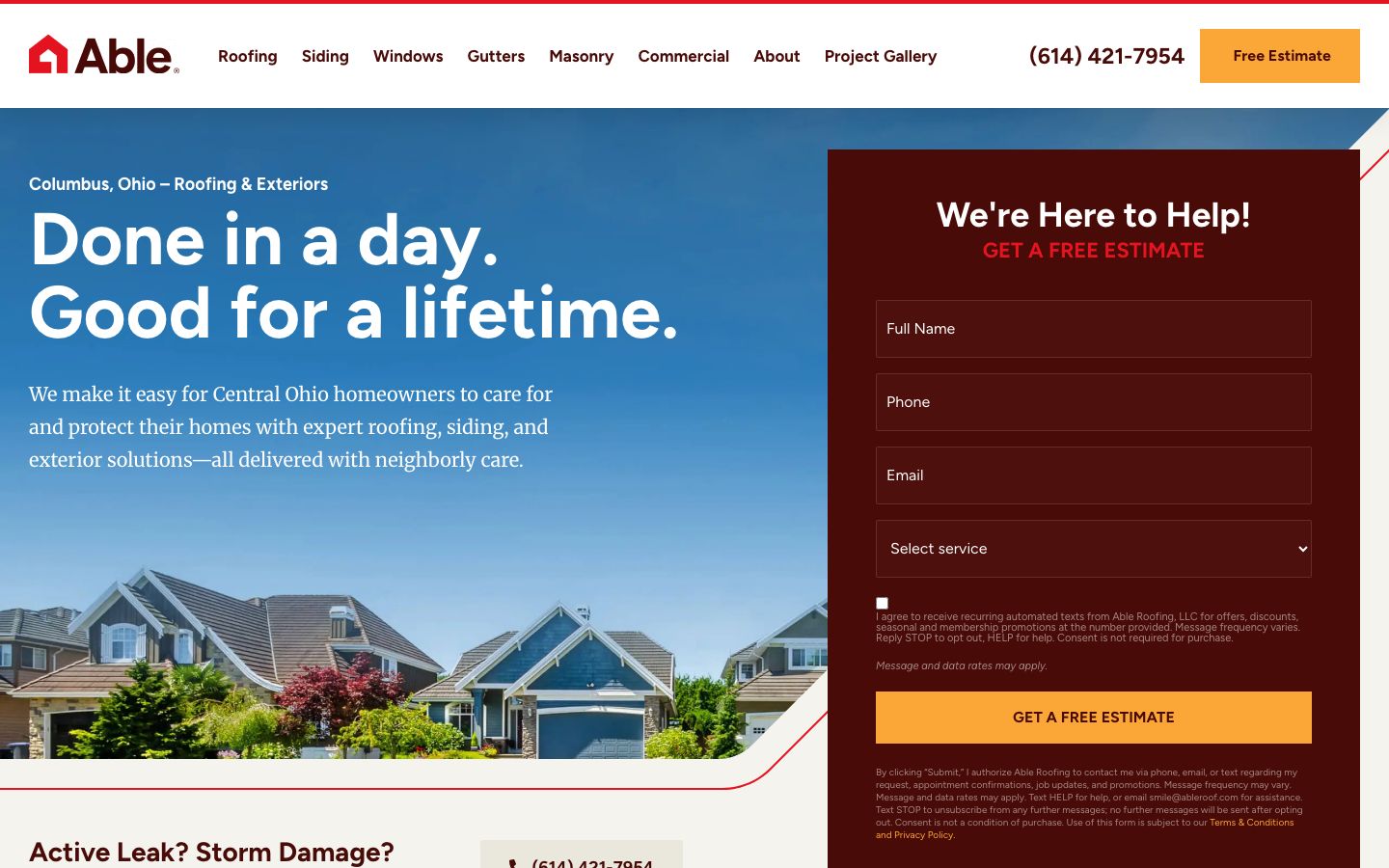 Able Roof homepage with the headline Done in a day, Good for a lifetime, a free estimate form with name, phone, email and service fields, and an Active Leak? Storm Damage? section below