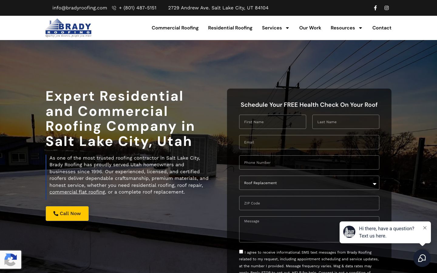 Brady Roofing homepage with the headline Expert Residential and Commercial Roofing Company in Salt Lake City, a Call Now button, and a seven-field form for a free roof health check with a text-consent checkbox