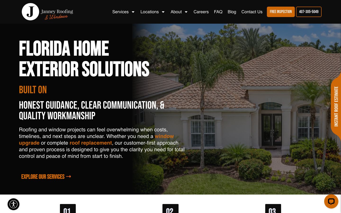 Janney Roofing and Windows homepage with the headline Florida Home Exterior Solutions, a tile roof photo, Free Inspection and phone buttons in the header and an instant roof estimate side tab