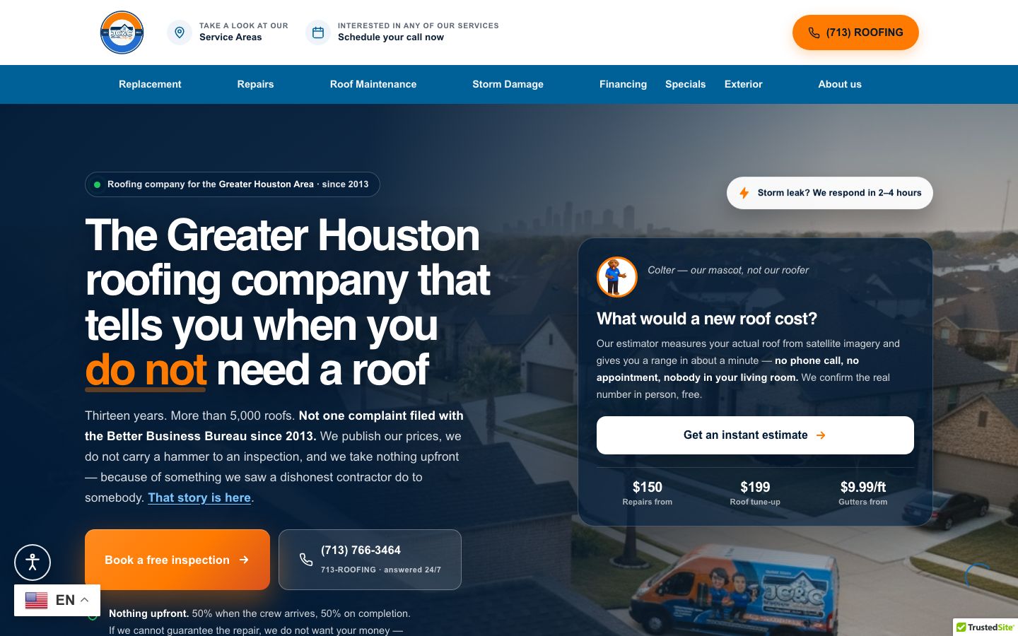 JC&C Roofing homepage with the headline about telling you when you do not need a roof, published prices for repairs, tune-ups and gutters, an instant satellite estimate card and a storm leak response badge