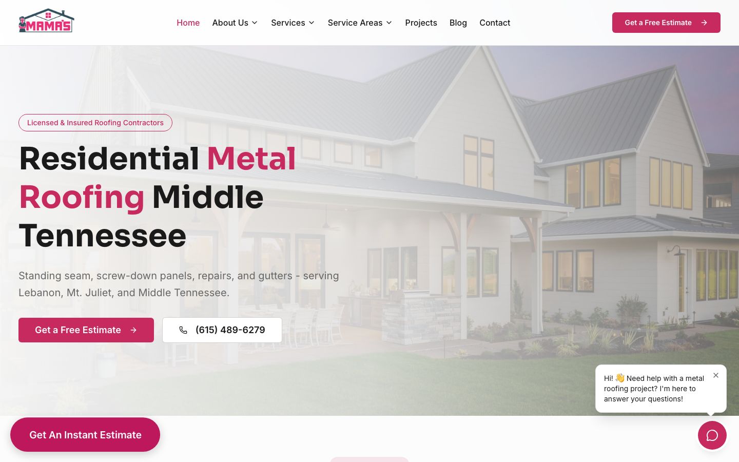 Mama's Metal Roofing homepage with the headline Residential Metal Roofing Middle Tennessee, a licensed and insured badge, Get a Free Estimate and phone buttons and a Get an Instant Estimate bar