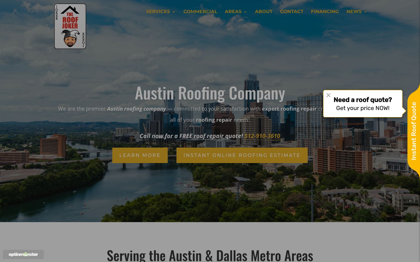 The Roof Joker homepage with a stock Austin skyline photo, the headline Austin Roofing Company, Learn More and Instant Online Roofing Estimate buttons, and a quote popup over the hero