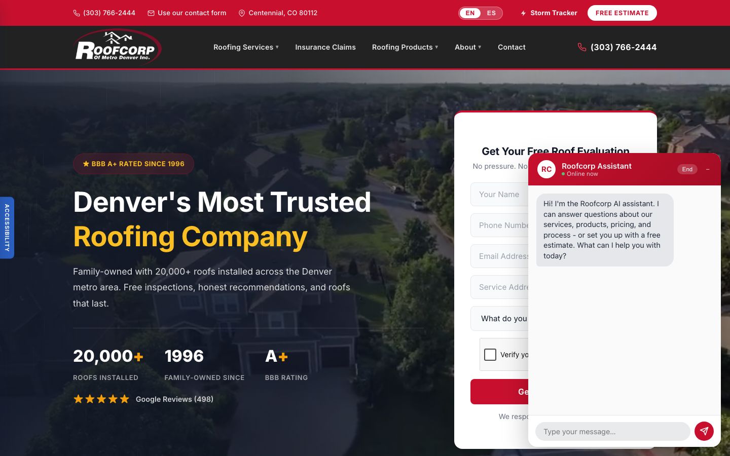 Roofcorp homepage with the headline Denver's most trusted roofing company, BBB A+ since 1996, 20,000 roofs installed, 498 Google reviews, a storm tracker link and a free roof evaluation form