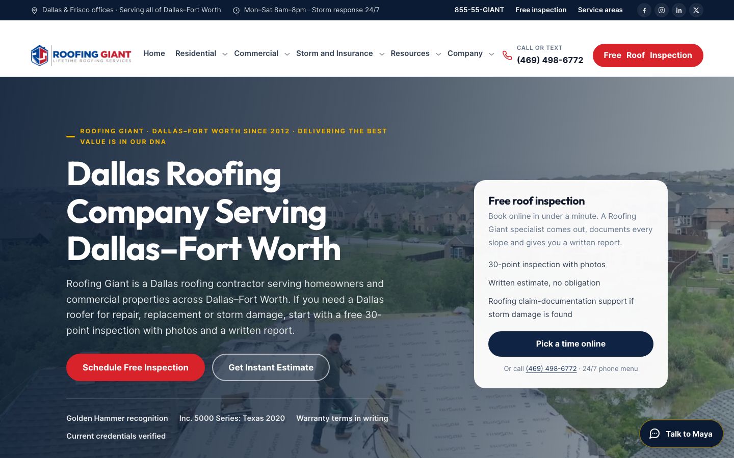 Roofing Giant homepage with a Dallas roofing company headline, Schedule Free Inspection and Get Instant Estimate buttons, a free inspection booking card and an Inc. 5000 badge