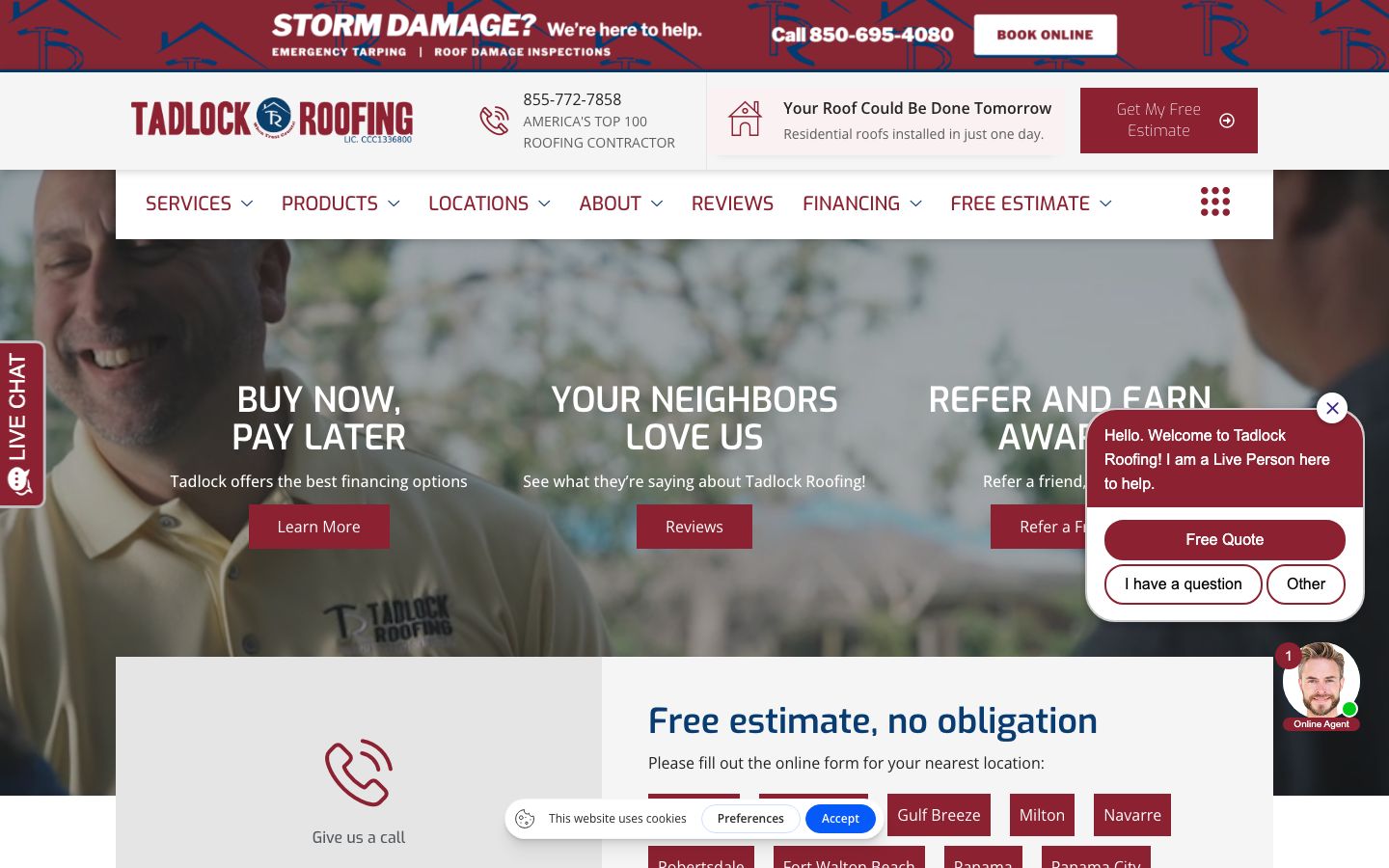 Tadlock Roofing homepage with a storm damage banner offering emergency tarping and online booking, a Your Roof Could Be Done Tomorrow promise, financing, reviews and referral tiles, and a live chat prompt