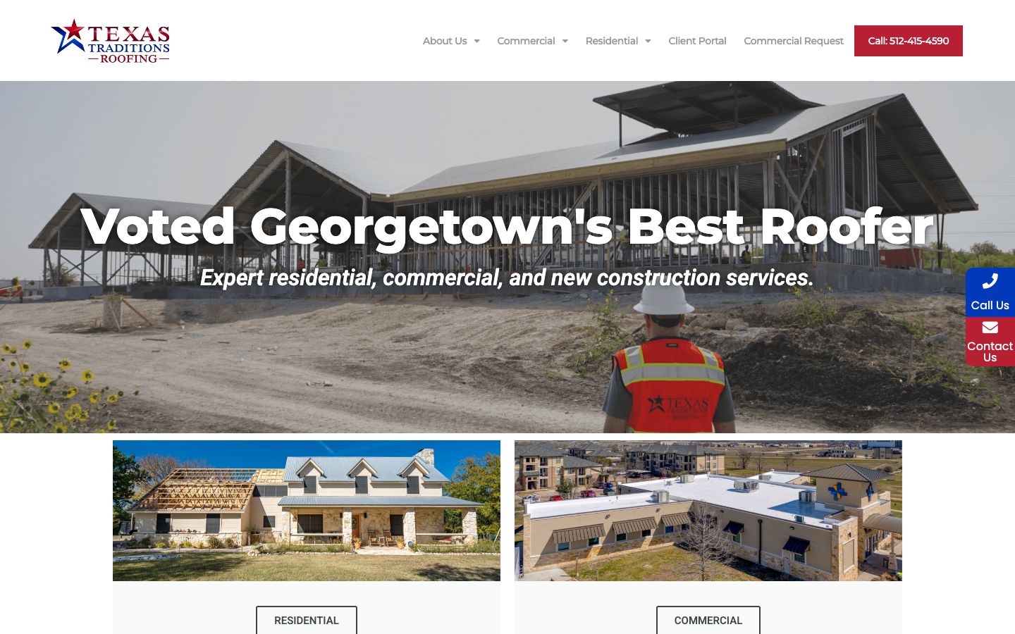 Texas Traditions Roofing homepage with a construction-site photo, the headline Voted Georgetown's Best Roofer, a call button, and residential and commercial tiles