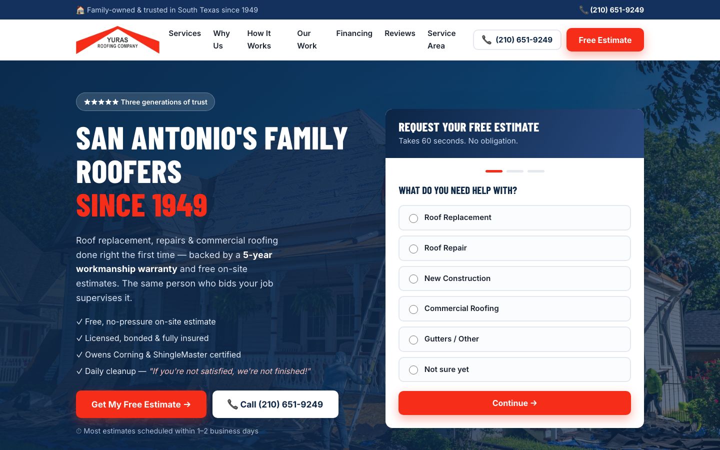 Yuras Roofing homepage with the headline San Antonio's family roofers since 1949, a five-year workmanship warranty, certification checkmarks and a three-step estimate form