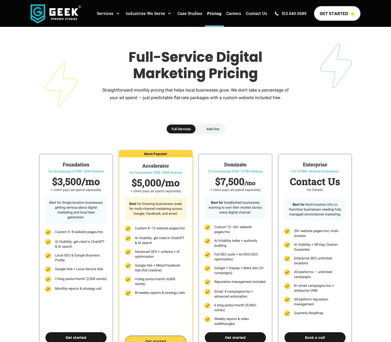 Geek Powered Studios pricing page for its Austin marketing services